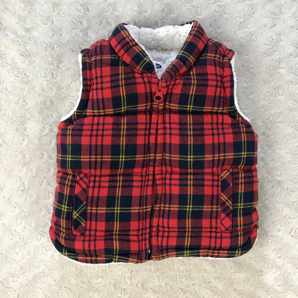 Old Navy Plaid Puffer Vest Size 6-12 Months Red
